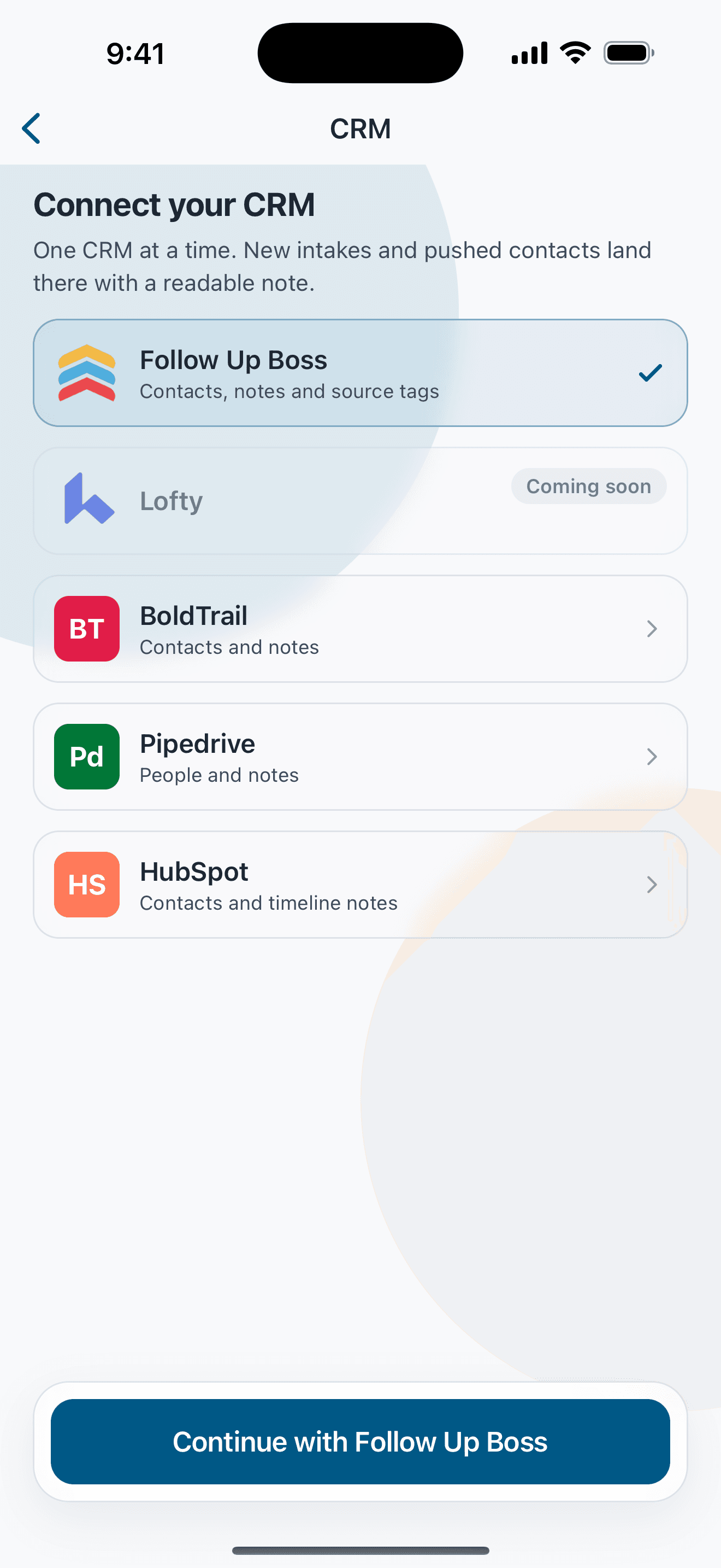 Relta Agent CRM connection screen listing supported CRMs