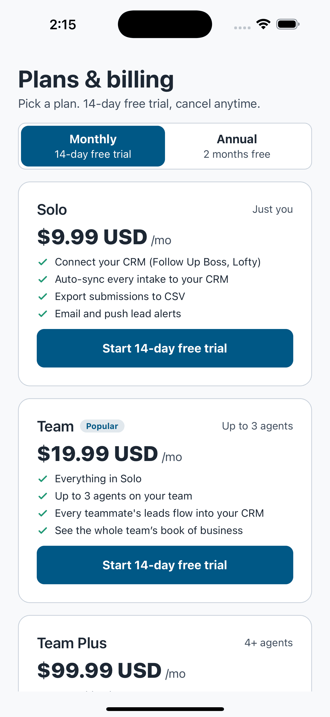 Relta Agent CRM sync settings on iPhone