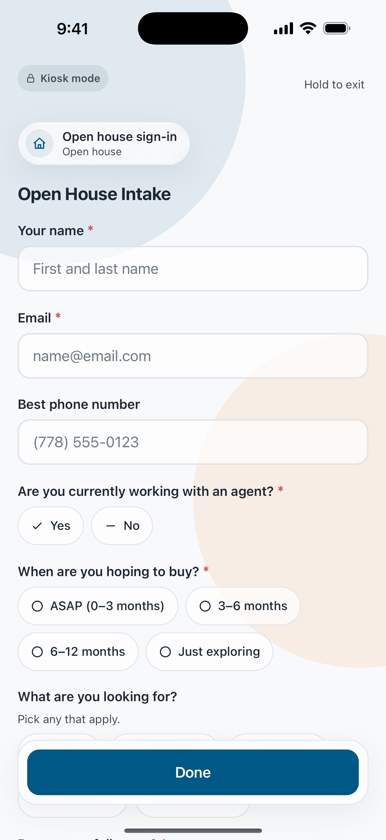 Relta Agent kiosk mode showing the open house sign-in form