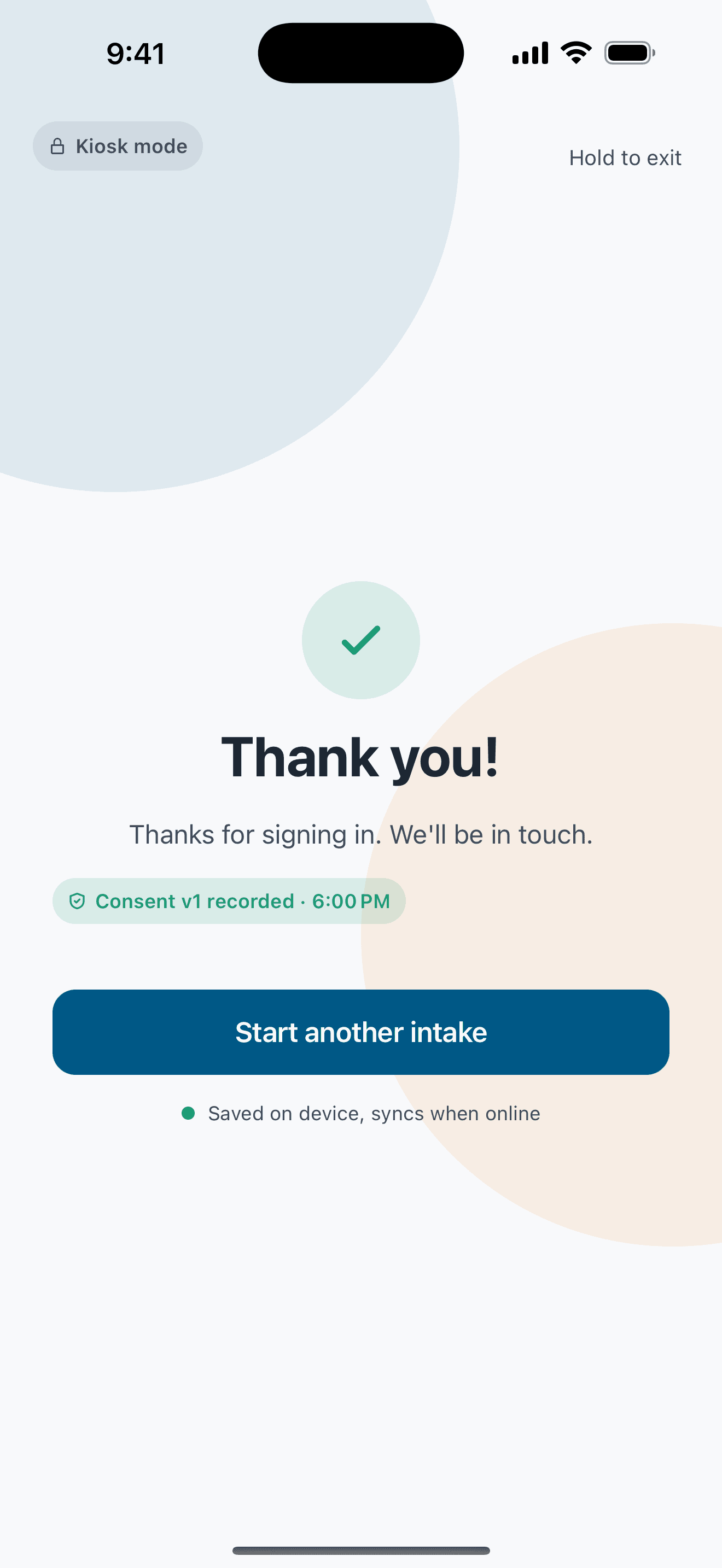 Relta Agent kiosk confirmation after a visitor signs in