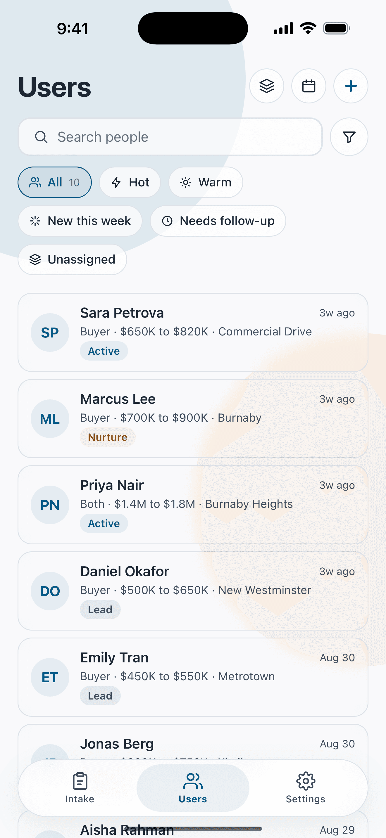 Relta Agent Users list with stages and temperatures